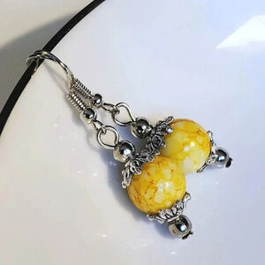 Art Nouveau Mottled Yellow White Glass Beads Antiqued Silver Earrings